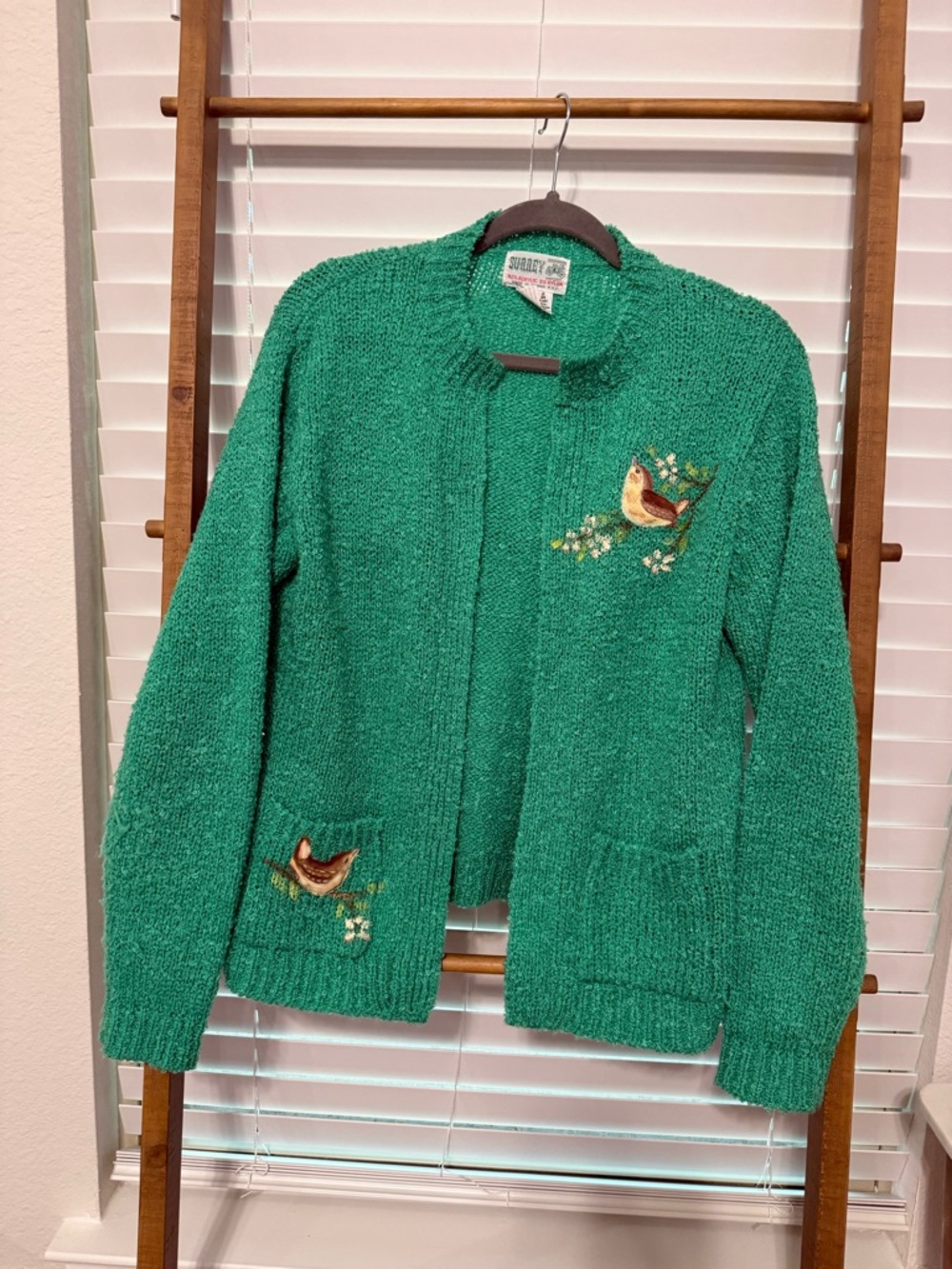 Vintage Country Chic Green Bird Embroidered Cardigan Sweater